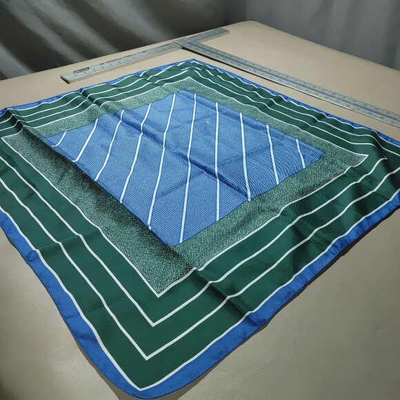 Silk Scarf Handkerchief Vintage Green Blue Striped Polka Dot - Picture 2 of 12